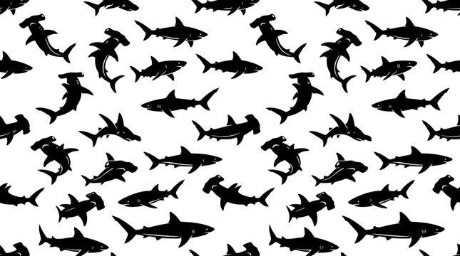 Hammerhead sharks and various predatory fish species are arranged in a dynamic seamless pattern design.