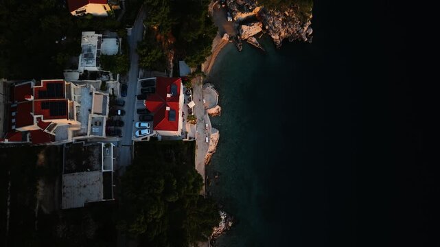 Aerial Top Down View of Adriatic Coastline at Sunset