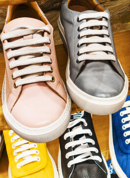 Colorful sneakers arranged in a row