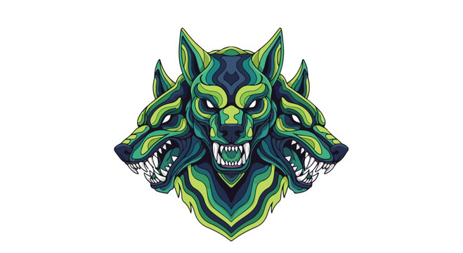 Three headed wolf illustration in green and blue neon colors.