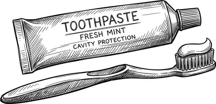 Hand drawn toothpaste tube and toothbrush vector illustration sketch for dental care and oral hygiene product design