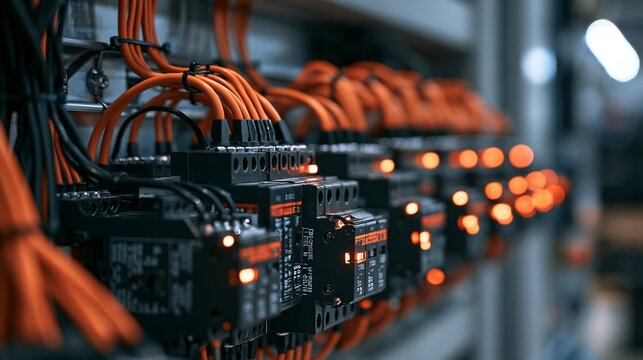 Row of automated control relays with orange wiring in an industrial electrical panel for monitoring and control tasks Generative AI