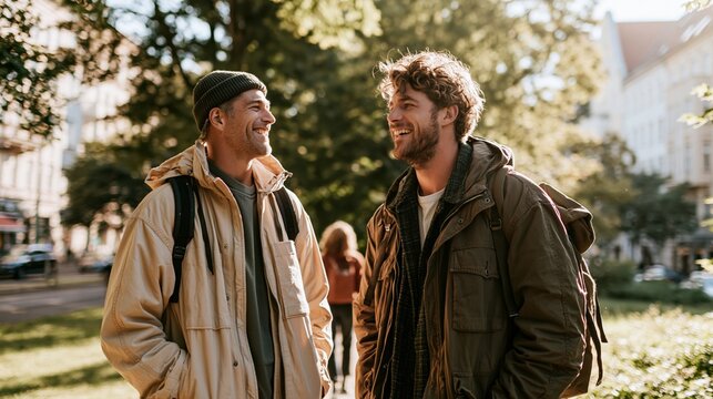 Two male friends walking in a city park share a meaningful conversation filled with laughter and support during a sunny day Generative AI