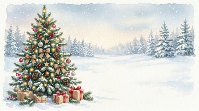 Watercolor christmas tree with ornaments and gifts in a snowy winter landscape