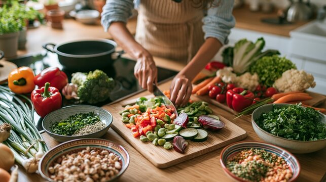 Young woman prepares colorful plant-based meal in bright modern kitchen Generative AI