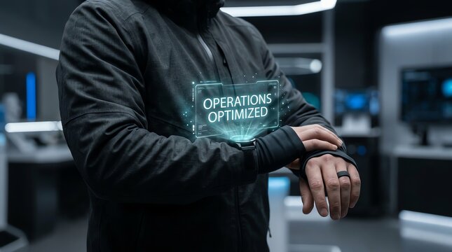 Futuristic Professional Using Advanced Augmented Reality Technology to Enhance Operational Efficiency in a High-Tech Workspace
