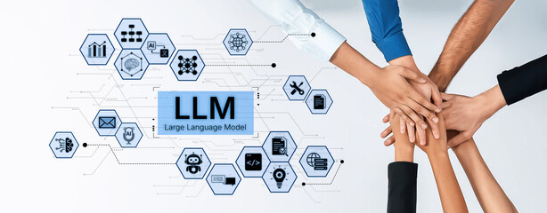 Obraz premium Large Language Model LLM processing data. Represents deep text learning, natural language processing NLP AI tech, transformer architecture, and generative AI deep learning future technology. Corpus
