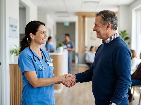 Friendly female healthcare professional in blue scrubs warmly shaking hands with smiling mature male patient in modern clinic setting
