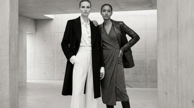 Two women wearing fashionable clothing standing in a minimalist concrete architectural space.