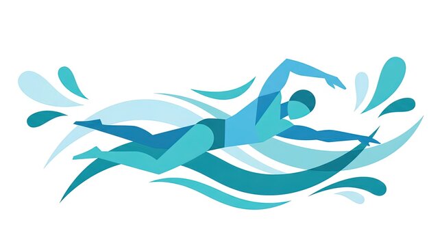 Swimmer in water flat vector illustration with blue waves splashes and dynamic movement