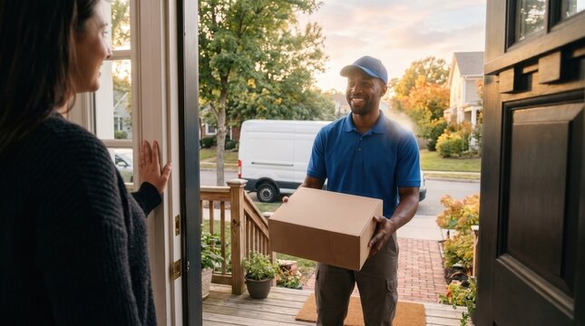 Courier deliver cardboard box to customer at house door for e-commerce and shipping concept