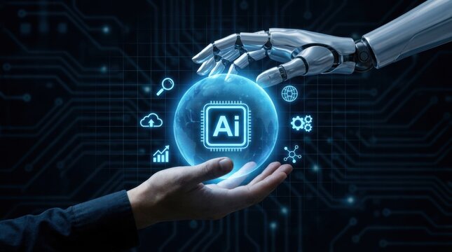 Robotic Hand Passing Glowing AI Chip to Human Hand Against Dark Circuit Background
