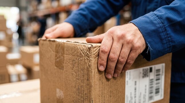 Warehouse worker hand grip cardboard box for logistics and shipping delivery service
