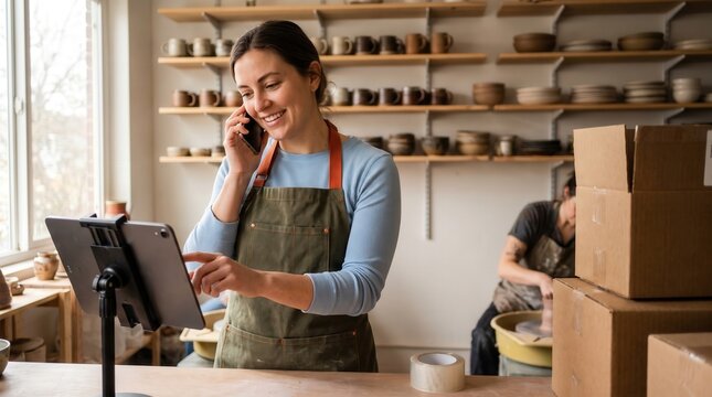 Female potter manage small business order using tablet and phone in pottery studio