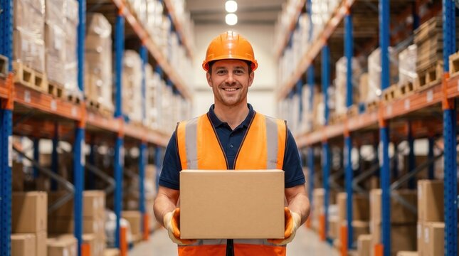 Warehouse worker hold cardboard box in distribution center for logistics and supply chain concept