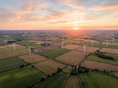 Golden Hour Wind Turbines Silhouetted Against Sunset Over Patchwork Agricultural Fields and Rolling Countryside Horizon