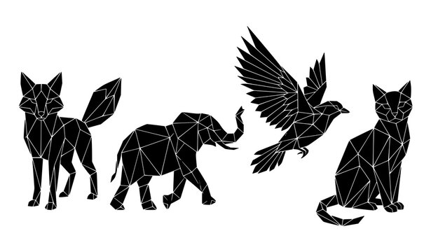 Low poly fox elephant bird and cat geometric animal silhouette collection in black origami vector style