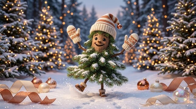 Cheerful anthropomorphic christmas tree character wearing a winter hat and mittens, dancing joyfully in a snowy, festive forest with glowing lights