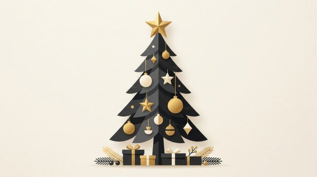 Minimalist paper craft christmas tree with gold ornaments and gift boxes on a light beige background