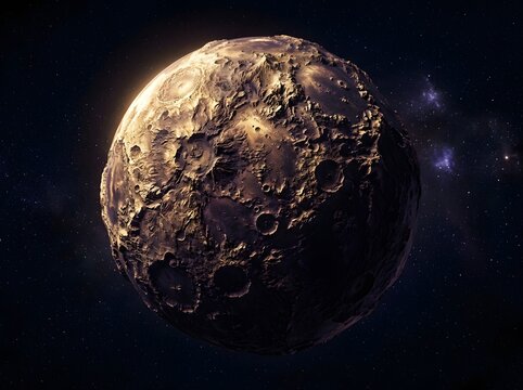 Majestic Cratered Celestial Body Floating Amidst Deep Space's Mysterious Glowing Cosmic Darkness With Ethereal Light Rays