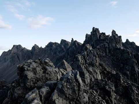 Majestic jagged volcanic rock formations rising dramatically against a serene twilight sky with rugged textures and deep shadows
