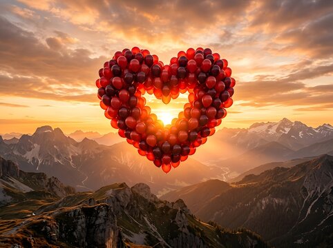 Majestic Sunset Heart of Vibrant Red Balloons Floating Over Dramatic Alpine Mountain Peaks at Golden Hour