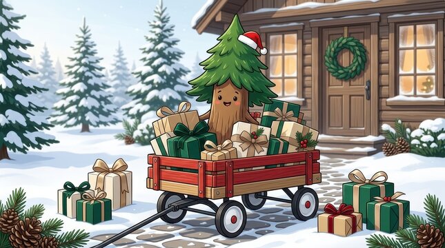 Cute cartoon christmas tree character wearing a santa hat pulling a red wagon filled with wrapped holiday gifts in a snowy winter landscape by a cabin