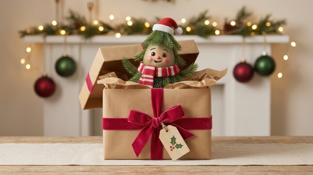 A cute christmas tree character with a santa hat and scarf popping out of a gift box on a wooden table with festive holiday decorations in the background