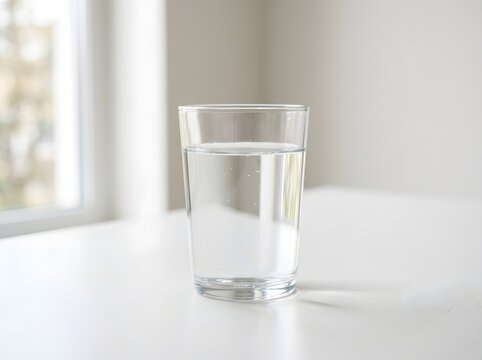 Minimalist Clear Glass Filled with Sparkling Water on Sleek Modern White Surface Near Soft Natural Light