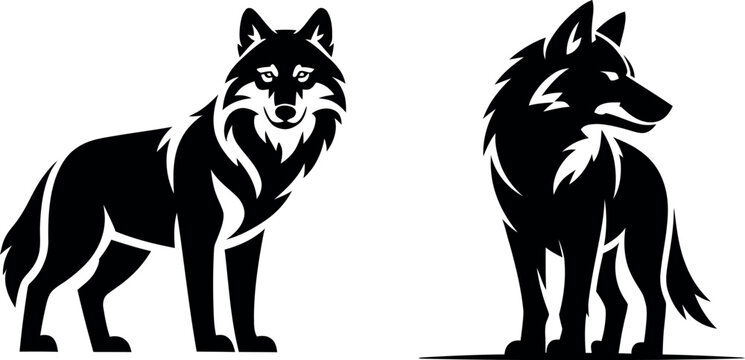 Set of two black and white wolf illustrations featuring stylized wild animals in standing poses for creative graphic design projects