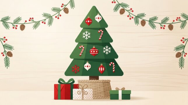 Christmas tree with ornaments and gifts on a wooden background