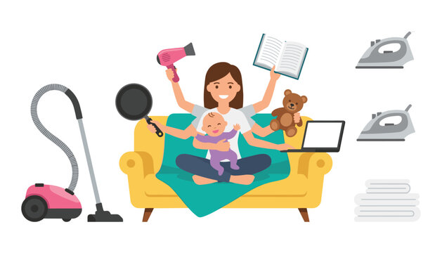 Multitasking mother working from home vector set with busy multi armed mom holding baby laptop book pan and hair dryer on sofa flat illustration