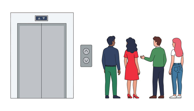 People waiting for elevator vector set with diverse passengers standing backward near lift closed doors and panel flat cartoon illustration