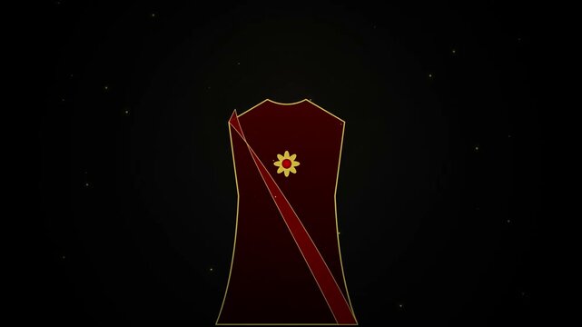 A mysterious royal garment with glowing gold embroidery hangs gently suspended in the dark cosmos