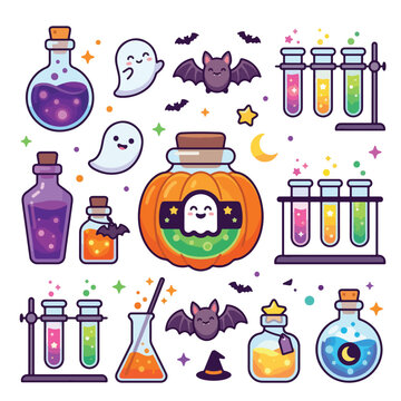 Explore a cute halloween chemstry lab set featuring stiker halloween designs with potion bottles and ghost characters
