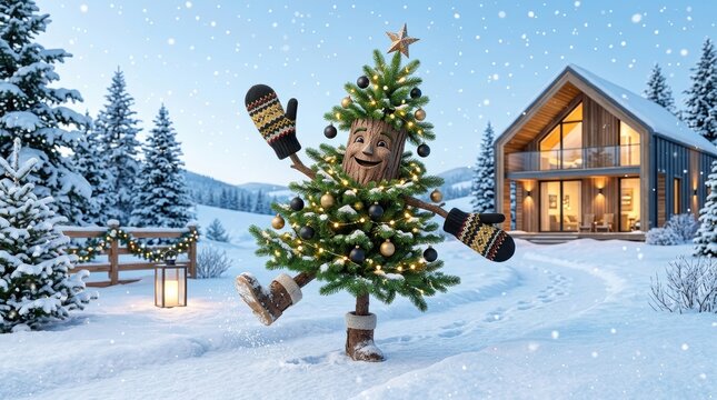 Cheerful anthropomorphic christmas tree character dancing in a snowy winter landscape in front of a modern wooden cabin at dusk