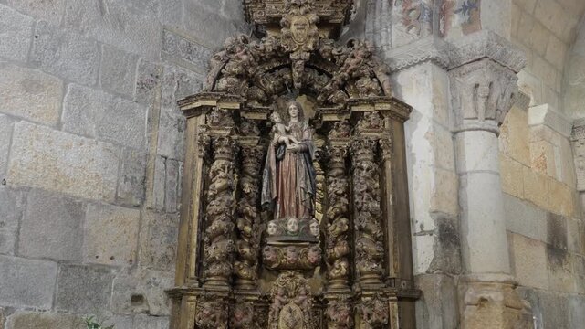 Baroque Giltwood Altarpiece Holding A Virgin And Child Statue On A Granite Church Wall