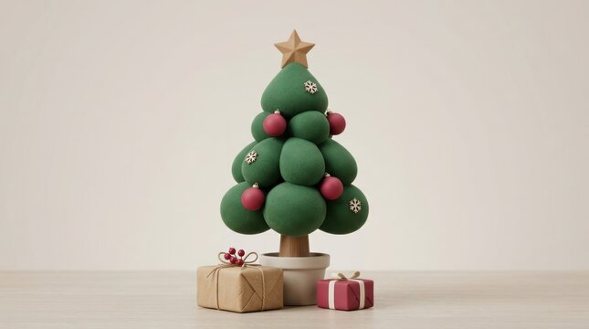 Creative christmas tree made of green makeup sponges decorated with red ornaments and wooden snowflakes with gift boxes on a wooden surface