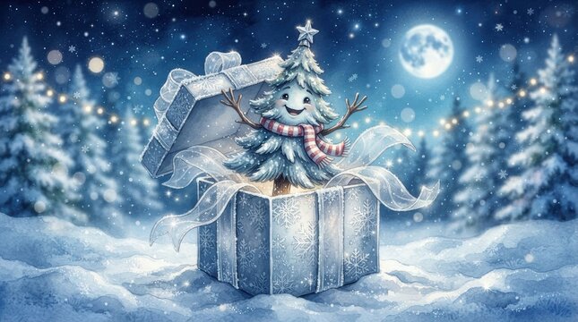 A cheerful, cute cartoon christmas tree character with a scarf popping out of a beautifully wrapped gift box in a snowy, moonlit winter forest landscape