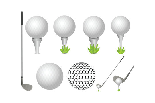 Set of golf equipment including white golf balls on tees, golf clubs, and a hexagonal pattern ball, isolated on a white background