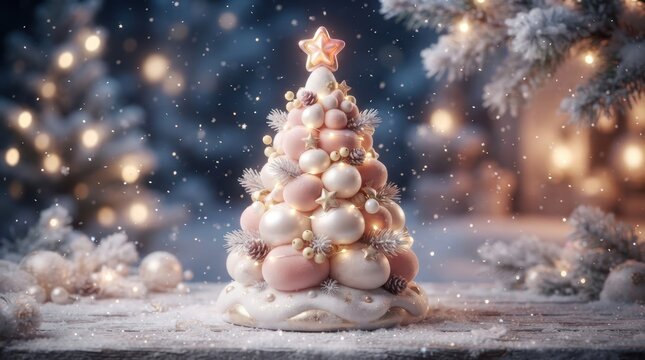 Beautiful decorative christmas tree made of pink and white ornaments with a star topper, set in a magical snowy winter scene with soft bokeh lights