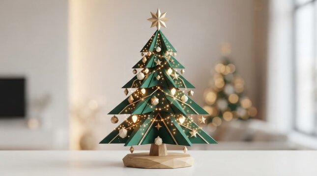 Modern geometric paper christmas tree with golden ornaments and warm fairy lights on a wooden base