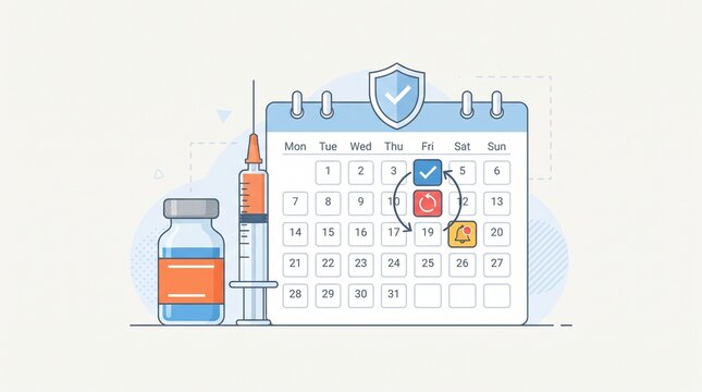 Booster vaccination schedule concept featuring vaccine vial, syringe, medical calendar, reminder icon, and shield representing timely immunization and disease prevention.