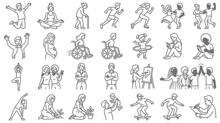 Fototapeta premium simple line art icons of diverse people illustrating various lifestyle activities human interactions and daily routines.