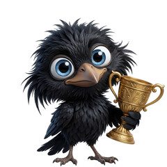 Naklejka premium Cute fluffy black bird holding a golden trophy cup with big blue eyes feathers wildlife character champion achievement competition whimsical