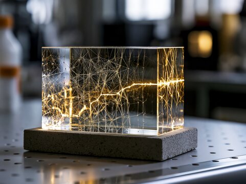A scientific marvel, this crystal cube showcases intricate glowing pathways, suggesting a network of synapses or a complex crystalline structure.