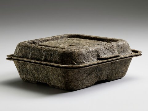 A disposable food container crafted from eco-friendly, biodegradable material sits on a gray surface, representing sustainable packaging solutions.