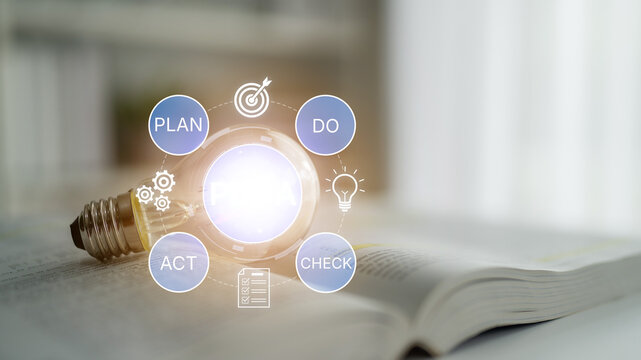 Conceptual visualization of business strategy cycle with lightbulb, book and icons for plan, do, check, act for project management and improvement. Bitwise.