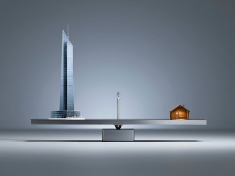 A scale balances a towering skyscraper against a small, cozy house, symbolizing the stark contrast between urban development and residential living.
