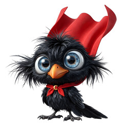 Fototapeta premium Cute fluffy black bird wearing a red superhero cape on white background with superhero character adventure feathers creature wildlife isolated